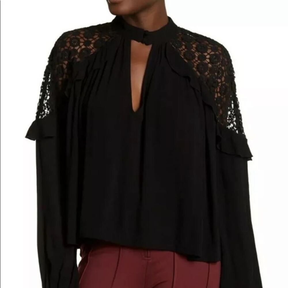 Free People Black Lace Cold Shoulder Mock Neck Choker Cutout Top Size XS